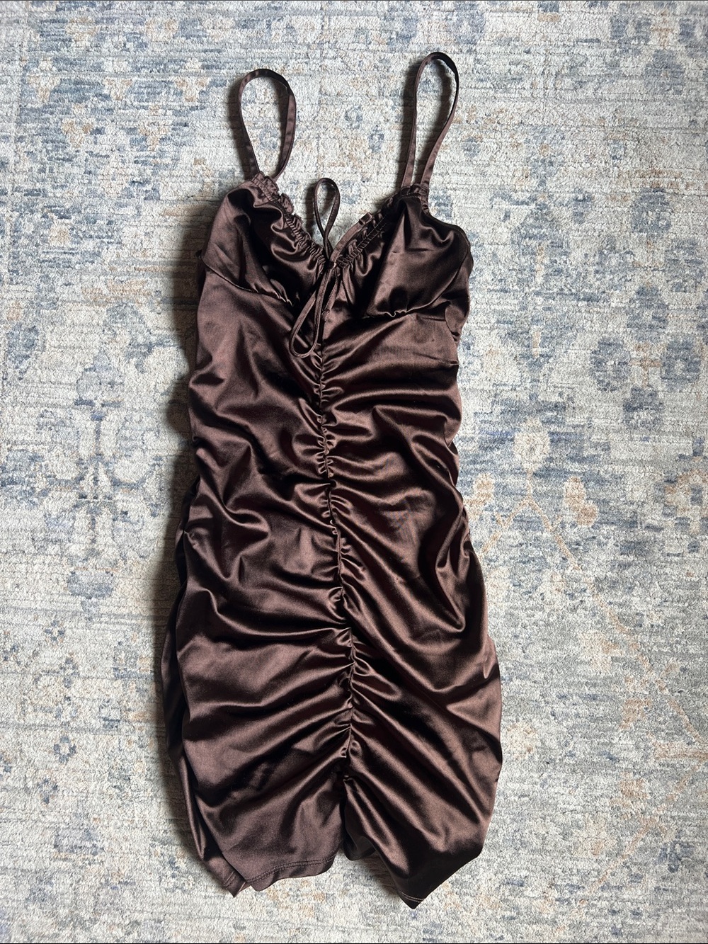 Divided Chocolate Brown Satin Ruched Mini Dress